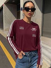 DAZY Women's Colorblock Digital Print Casual Everyday Long Sleeve T-Shirt Fall - Burgundy - View 3