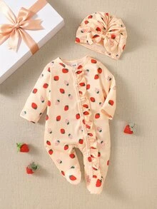 SHEIN 秋冬新生兒蝴蝶結印花可愛嬰兒連身衣 + 帽子 - 彩色 - 查看 1