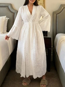 Dazy Plus Elegant Tie V-Neck Flared Sleeve Long White Loungewear Robe - White - View 5