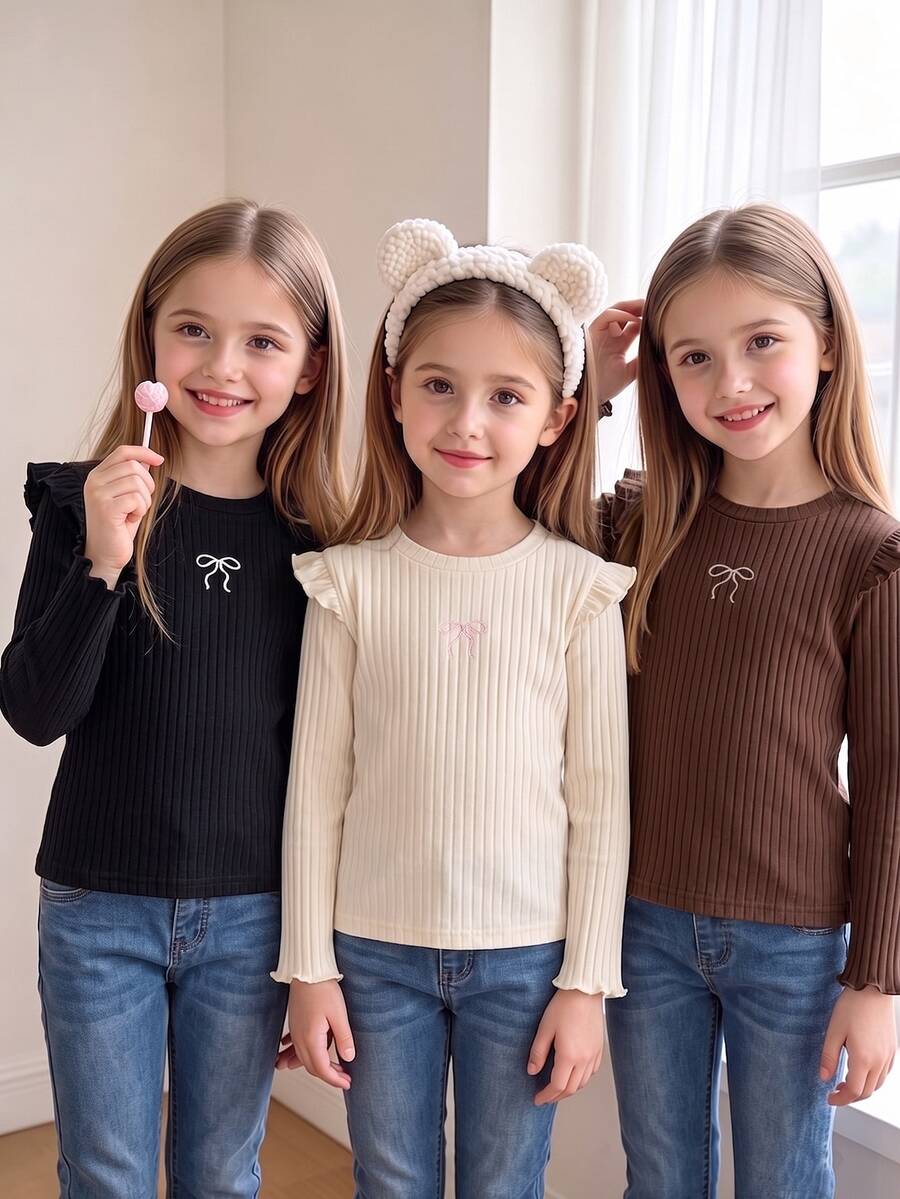 Genkimix Kids 3件組女童秋冬針織打底衫,百搭圓領刺繡蝴蝶結長袖T恤 - 彩色 - 查看 1
