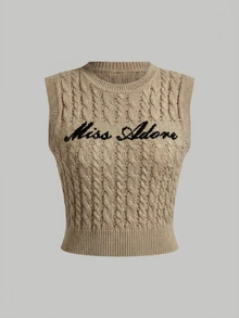 SHEIN MOD Plus Size Letter Print Sleeveless Knit Top - Khaki - View 1