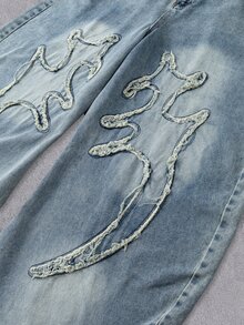 青少年男孩四季通用個性化毛邊高街刺繡水洗軟牛仔寬鬆彎腿休閒長褲 淺藍色 秋季 生日禮物 - 淺色水洗藍 - 查看 3