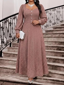 Fleurora Plus Size Women Solid Color Elegant Waist-Cinched Party Dress Fall - Gold - View 2