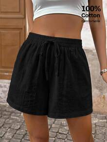 Brillora Cotton Drawstring Casual Shorts, Black For Summer Beach Shopping,100% Cotton,Beach,Vacation - Black - View 4