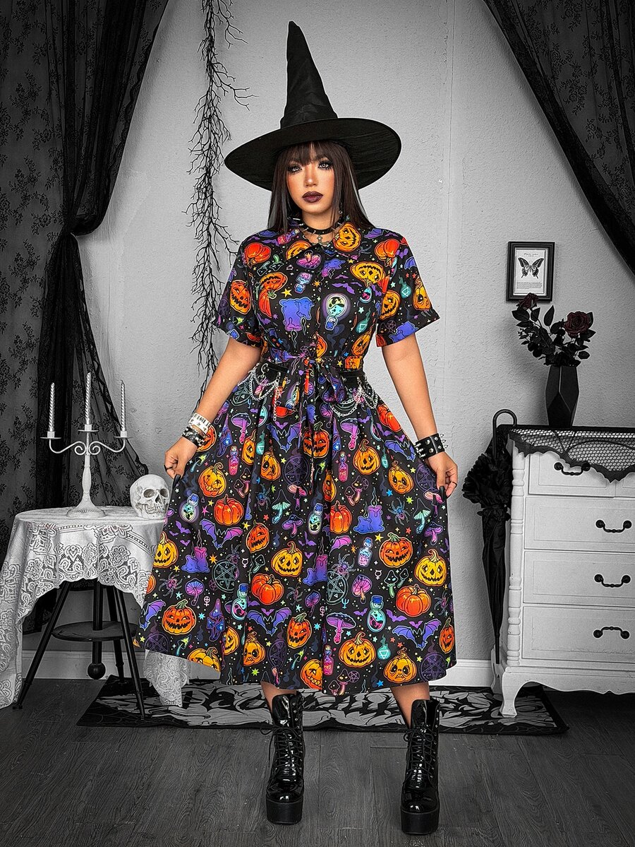 Whyspr Plus Size Women's Dark Style Pumpkin Print Short Sleeve Shirt Dress - Multicolor - View 1