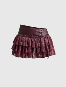 ROMWE Hippie Sporty Sexy Polka Dot Colorblock Patchwork Double Layer Pleated Low Waist Skirt For Women - Burgundy - View 1