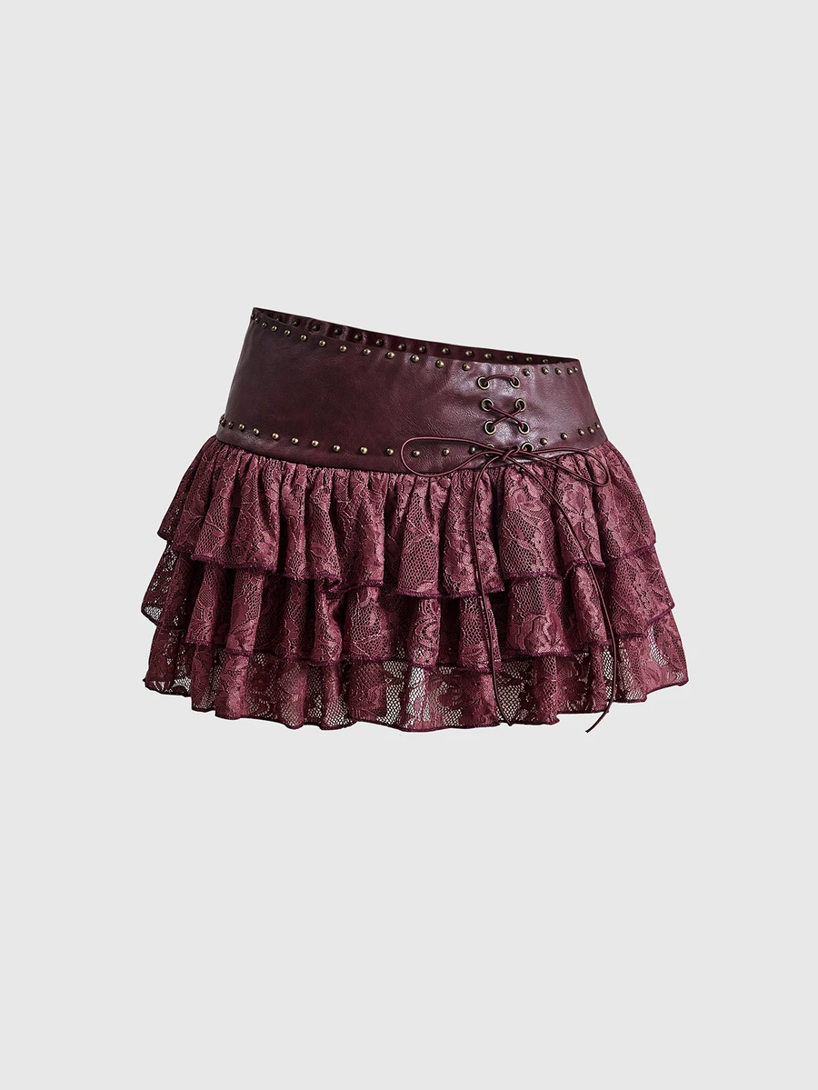 ROMWE Hippie Sporty Sexy Polka Dot Colorblock Patchwork Double Layer Pleated Low Waist Skirt For Women - Burgundy - View 1