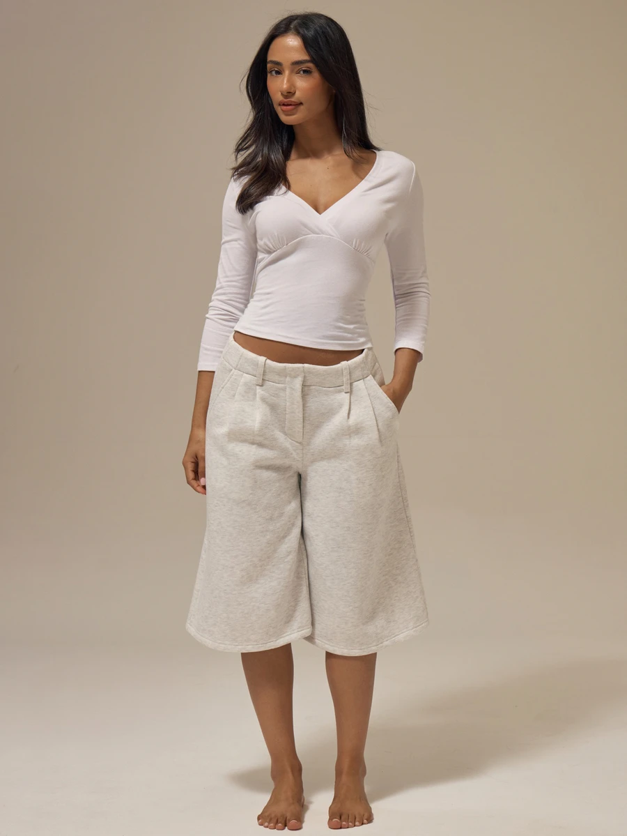 MUSERA ESSENTIALS Celana Pendek Sweat Lipit Panjang Model Lebar untuk Musim Panas, Gaya Feminin, Pakaian Santai Sehari-hari, dan untuk Keluar Rumah - Light Grey - View 1