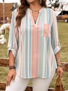 EMERY ROSE Striped Plus Size Women's V-Neck Rolled Sleeve Blouse, Suitable For Early Autumn - Multicolor - View 4