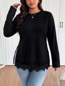 SHEIN Frenchy Plus Size Women's Crew Neck Knitted Striped T-Shirt With Side Slit Design, Comfortable Casual Plus Size T-Shirt - Black - View 7