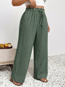 SHEIN Frenchy 女款大尺碼休閒度假條紋長褲 - 綠色 - 查看 4