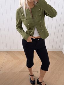 SHEIN EZwear 女款純色前拉鍊長袖拿破崙夾克 - 軍綠色 - 查看 5