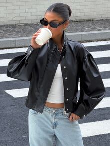 Muchica Women's Street Fashion Button Pocket PU Material Jacket - Black - View 1