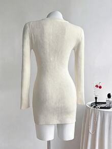 FavEase Women's Autumn/Winter Casual Youth Ribbed Bow Knit Dress - Apricot - View 2