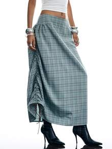 LYSMO Women's Fashion Plaid Drawstring Pleated Midi Skirt - Grey - View 1
