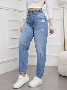 SHEIN Tall 女款破洞設計休閒日常牛仔褲 - 淺色水洗藍 - 查看 7