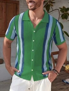 Manfinity Homme European American Blogger Style Fashion Design Casual Vacation Hollow Knit Pullover Top For Men, Spring/Summer Green Striped Colorblock Knit Top - Green - View 3