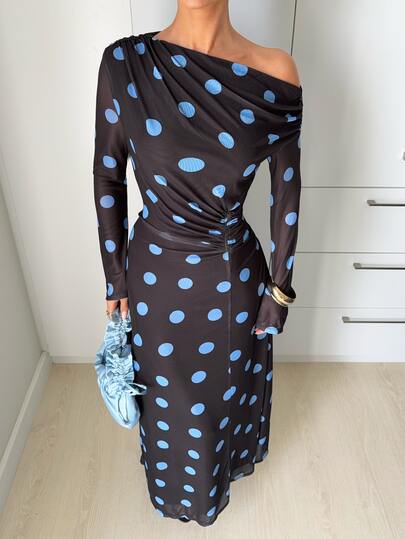 Siren Gaze Women's Polka Dot Print Asymmetrical Shoulder Long Sleeve Pleated Elegant Dress