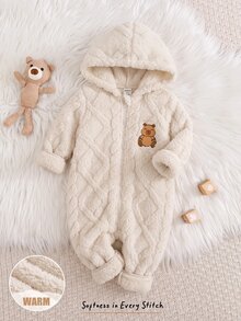 SHEIN 男嬰卡通熊刺繡紋理毛絨連帽拉鍊長袖連身褲冬裝褲，百搭舒適 - 杏色 - 查看 8