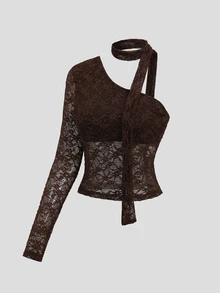 Sweetra Y2K Sexy Lace One-Shoulder Elegant Versatile Street Style Preppy Top - Coffee Brown - View 1