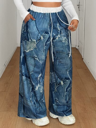 Maweii Celana Jogger Wanita Ukuran Besar Motif Denim Imitasi, Celana Panjang Longgar dengan Kaki Lebar, Gaya Jalanan Kasual untuk Olahraga