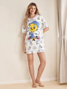 LOONEY TUNES X SHEIN Set Piyama Atasan dan Celana Pendek Motif Kartun untuk Wanita - Putih - View 5