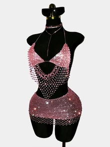 SHEIN DivaQ 女款 2 件組派對套裝，音樂節穿搭，魚網布鑲鑽裝飾，亮麗閃耀，適合度假派對穿著 - 淺粉色 - 查看 5