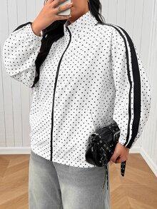 SHEIN EZwear 大尺碼秋季休閒寬鬆白色印花夾克外套，適合夜店與辦公室穿著 - 紅色 - 查看 3