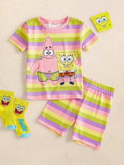 SpongeBob SquarePants | SHEIN Young Girl Cartoon Print Short Sleeve Top And Shorts Casual Daily Home Sleepwear Set