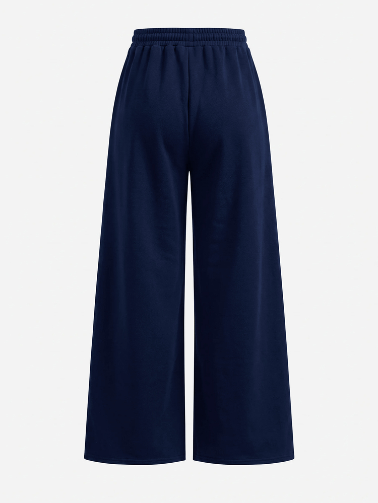 SHEIN Girlism Tween Girl Knit Light Gray Loose Casual Versatile Drawstring Pocket Wide Leg Sweatpants - Navy Blue - View 3