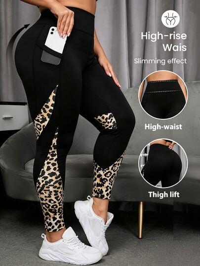 SHEIN Rhythm Era Leggings deportivos de talla grande para mujer con estampado de leopardo y bolsillos de patchwork