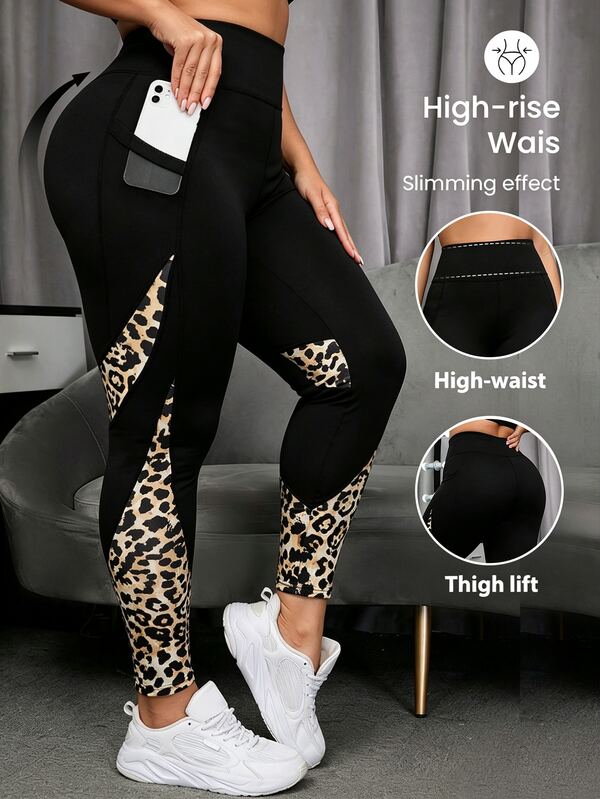 SHEIN Rhythm Era Women's Plus Size Leopard Print Patchwork Pocket Sports Leggings