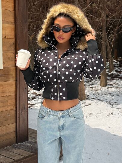 Muchica Winter Polka Dot Print Patchwork Fur Collar Cropped Hooded Jacket