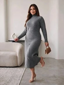 Hourglow Plus Size Waist Defined Knit Midi Dress, High Neck Ribbed Waist Bodycon Sweater Dress - Grey - View 3