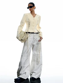 LYSMO Women's Solid Color V-Neck Tie Design Casual Daily Long Sleeve Jacket - Light Yellow - View 3