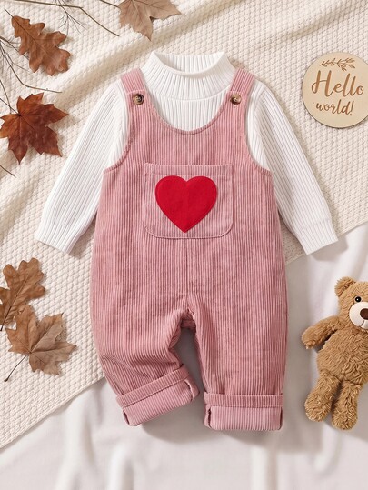 SHEIN Babygirl Cute Versatile Pink Corduroy Heart Pattern Romper