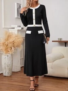 SHEIN Clasi 女款優雅通勤拼接色長袖兩件套，秋冬拼接色兩件套 - 黑與白 - 查看 6