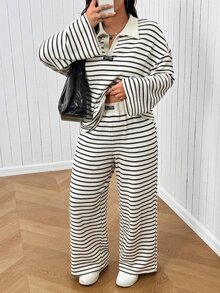 SHEIN EZwear Plus Size Autumn Casual Striped Top & Pants 2 Pieces Set - Apricot - View 3