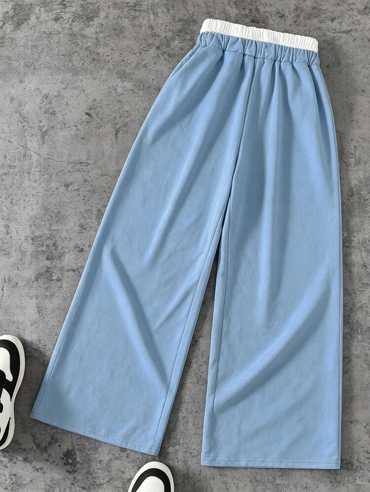 Coolqubz Fall 1pc Teen Boy Fashion High Street Loose Wide Leg Knit Pants, Double Waist Design, Comfortable Fabric, Versatile Color, Suitable For Campus And Daily Wear, Perfect For Autumn/Winter - Baby Blue - View 2