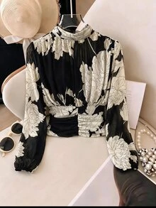 SHEIN Clasi Women's Floral Print Stand Collar Long Sleeve Ruched Waist Blouse - Multicolor - View 5