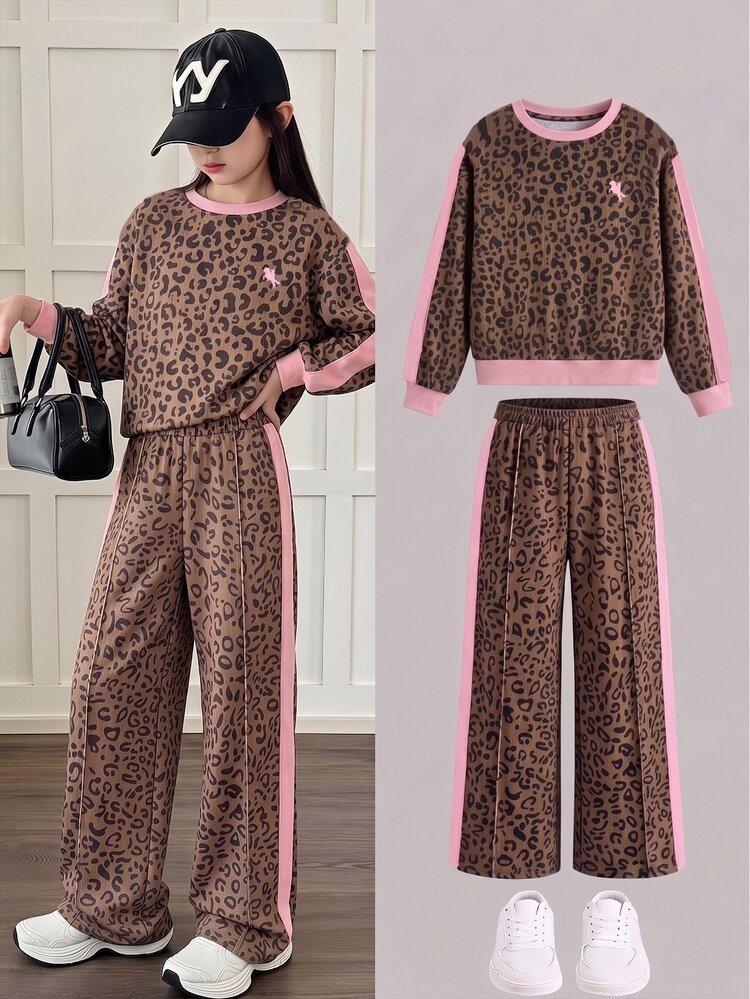 Vintage Fashion Brown Leopard Print & Pink Striped Colorblock Women's Casual Crew Neck Long Sleeve Sweatshirt & Leggings 2-Piece Set, New Arrival For - Multicolor - View 8