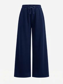 SHEIN Girlism 青少年女孩針織淺灰色寬鬆休閒百搭抽繩口袋寬腿運動長褲 - 藏蓝色 - 查看 5