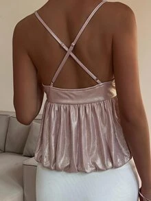 Livesso 女款夏季時尚亮面細肩帶背心 - 粉色 - 查看 2