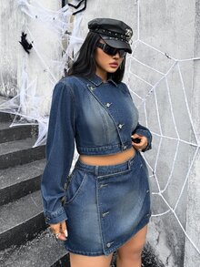 Jeanoix Jaket Denim Pendek Berkerah Lengan Panjang Ukuran Plus Gaya Y2K dengan Satu Kancing dan Sabuk, Atasan Crop Top dengan Bagian Perut Terbuka - Medium Wash - View 4