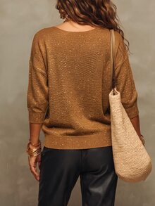 SHEIN 新款春夏秋冬華麗金屬絲針織斜裁V領上衣 女款落肩七分袖收口袖口 - 棕色 - 查看 2