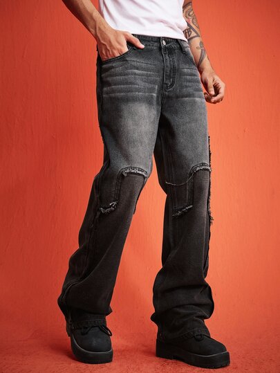 Street Life Herren Lässig Gewaschene Patchwork Schlagjeans