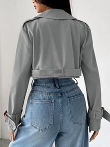 SHEIN EZwear 女款缺口領前開鈕扣長袖短款風衣，適合秋冬日常休閒穿著 - 淺灰色 - 查看 2