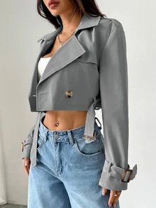 SHEIN EZwear 女款缺口領前開鈕扣長袖短款風衣，適合秋冬日常休閒穿著 - 淺灰色 - 查看 6