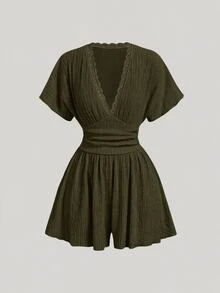 SHEIN MOD 女款街頭風蕾絲拼接紋理連身短褲 - 軍綠色 - 查看 2
