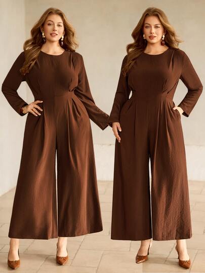Roveilla Women's Plus Size Brown Round Neck Ruched Waist Long Sleeve Jumpsuit, Elegant French Vintage Romantic Office Business Casual Street Style Minimalist Versatile Old Money Style, Autumn/Winter New
